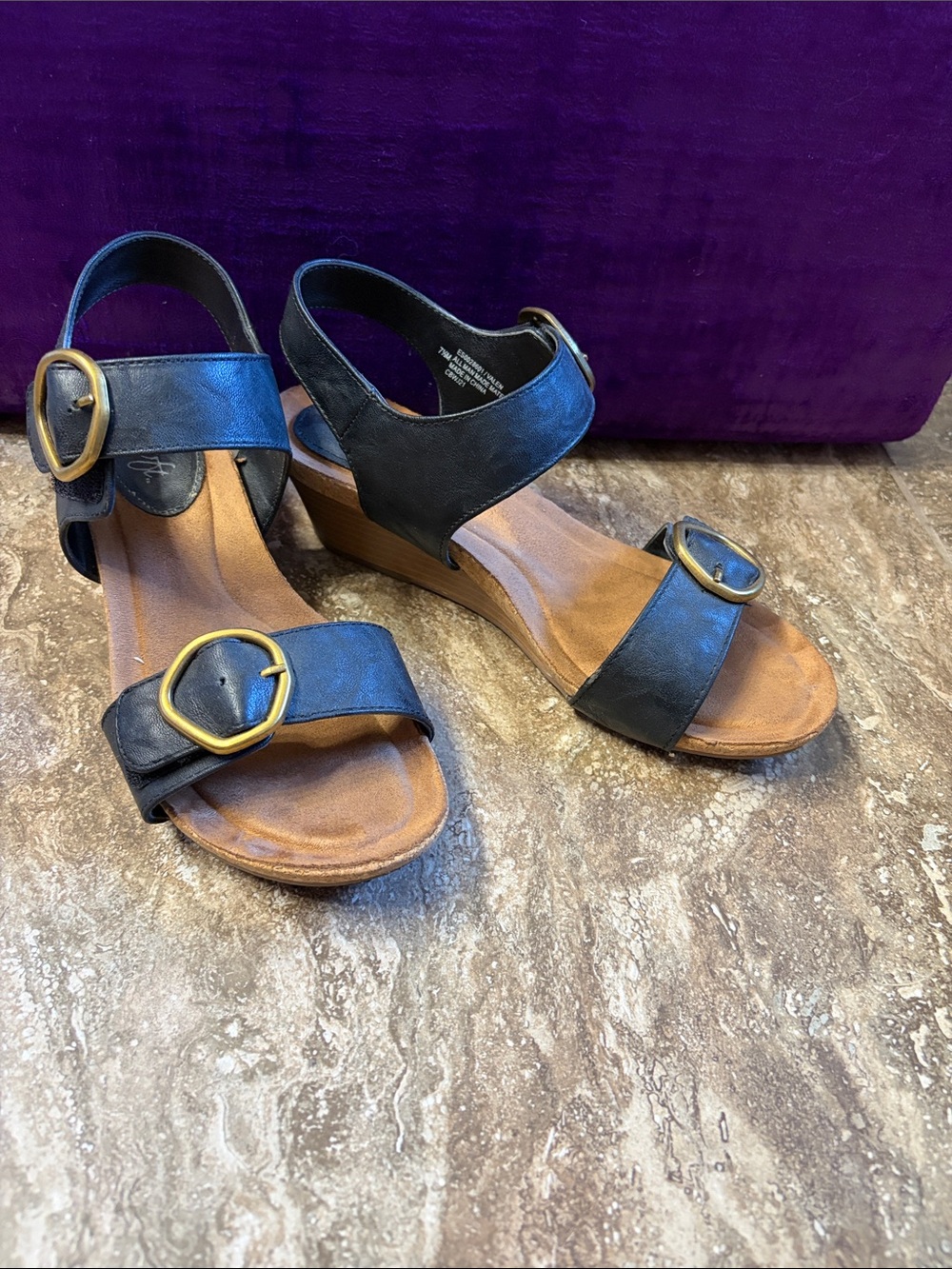 Women’s Black Leather Wedge Sandals with Gold Buckles